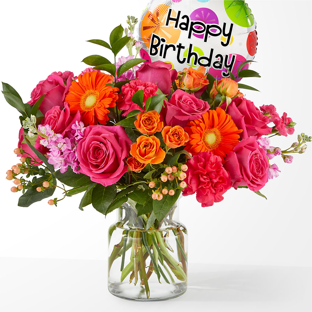 Fiesta Bouquet with Birthday Balloon – Mt Scott Blooms By Maru, Portland OR