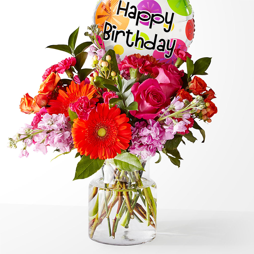 Fiesta Bouquet with Birthday Balloon – Mt Scott Blooms By Maru, Portland OR