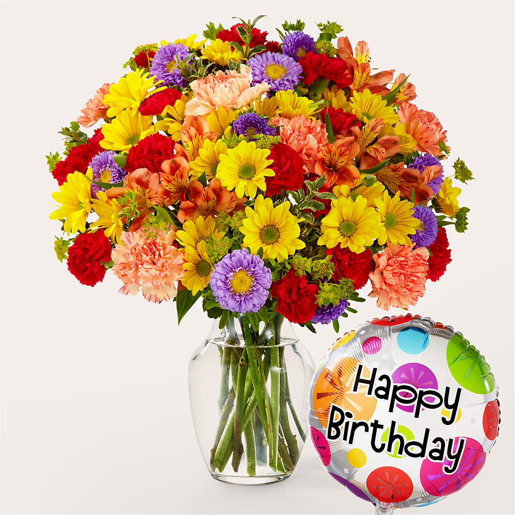 Kaleidoscope Bouquet with Birthday Balloon – Mt Scott Blooms By Maru, Portland OR