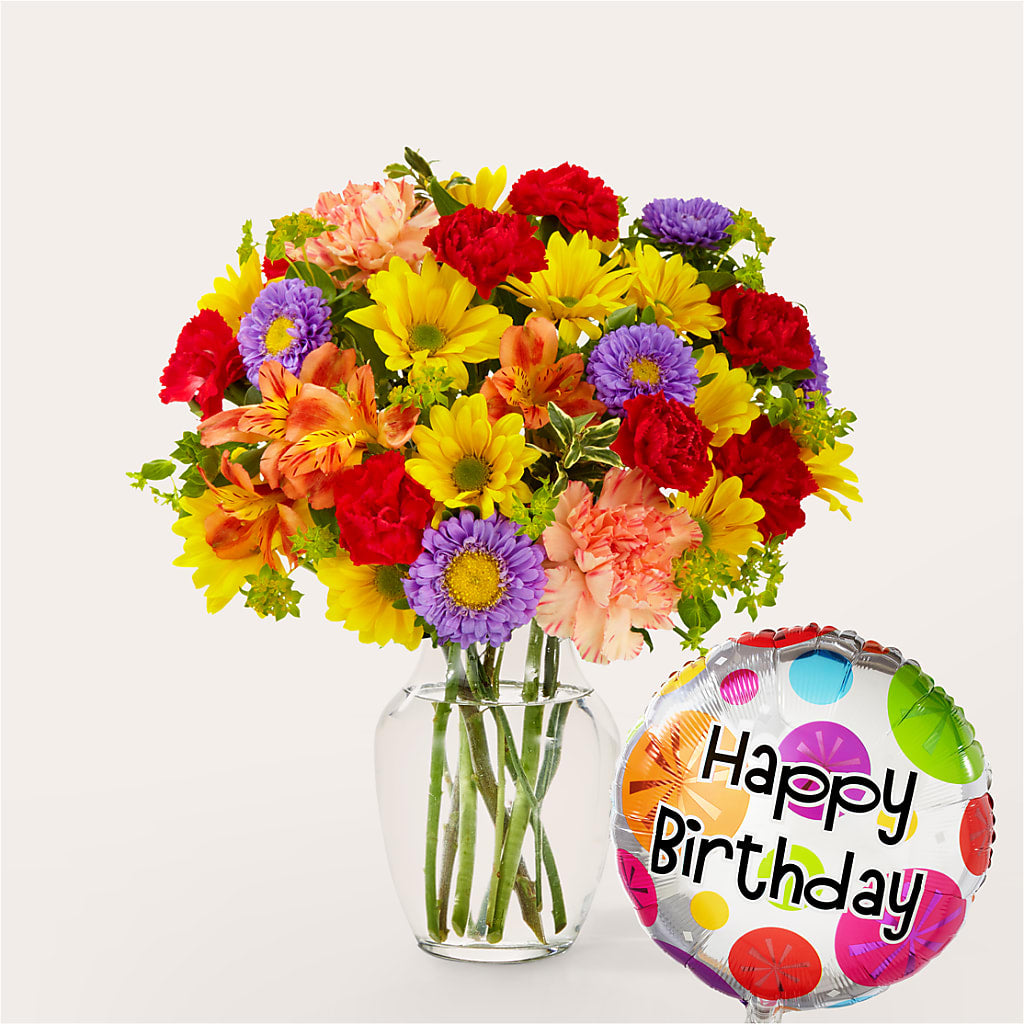 Kaleidoscope Bouquet with Birthday Balloon – Mt Scott Blooms By Maru, Portland OR