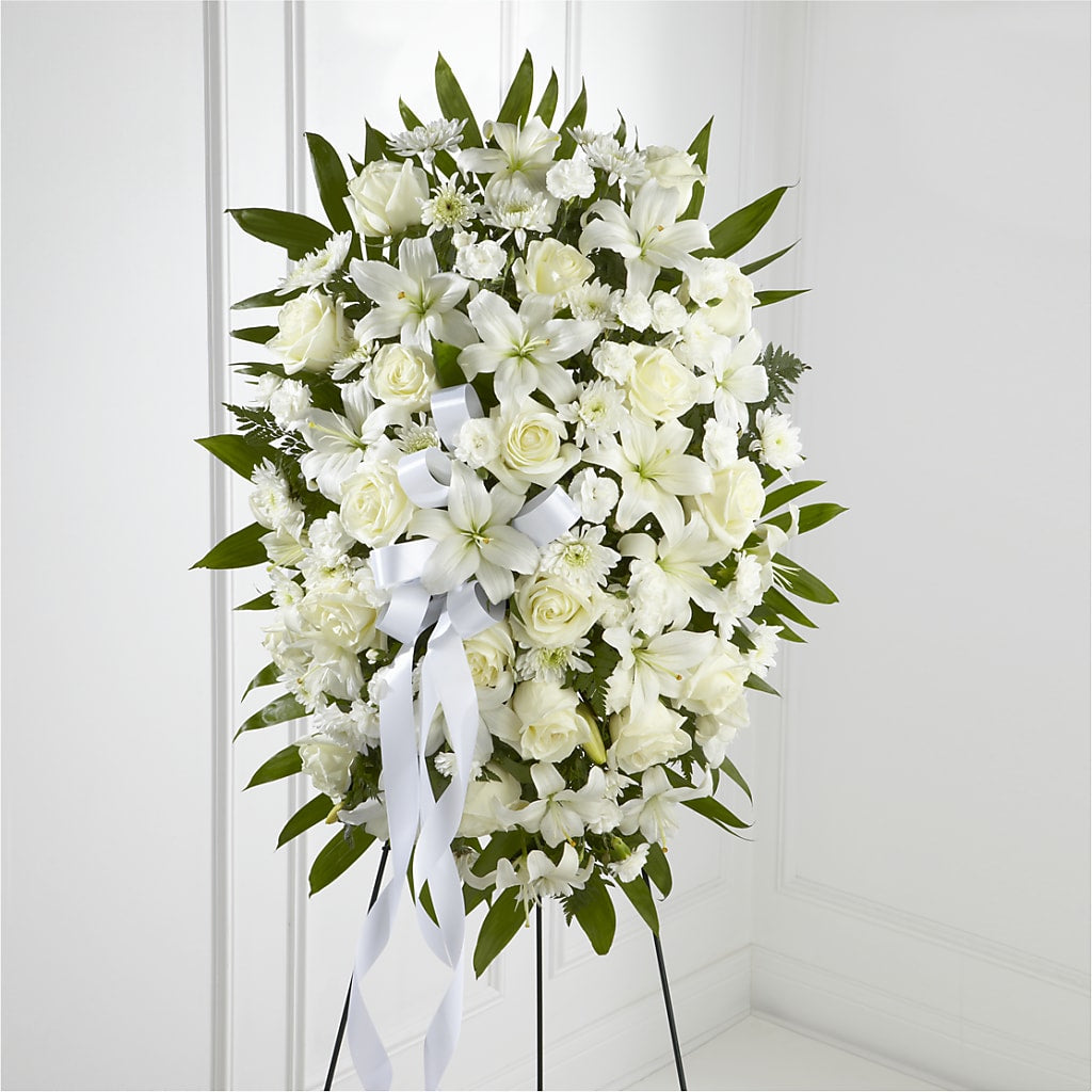 Exquisite Tribute Standing Spray-White Ribbon – Mt Scott Blooms By Maru, Portland OR