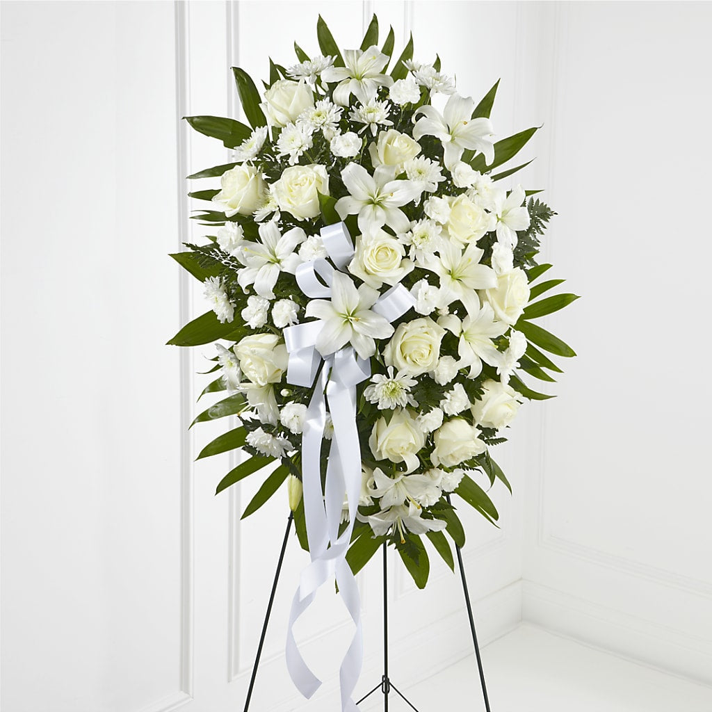 Exquisite Tribute Standing Spray-White Ribbon – Mt Scott Blooms By Maru, Portland OR
